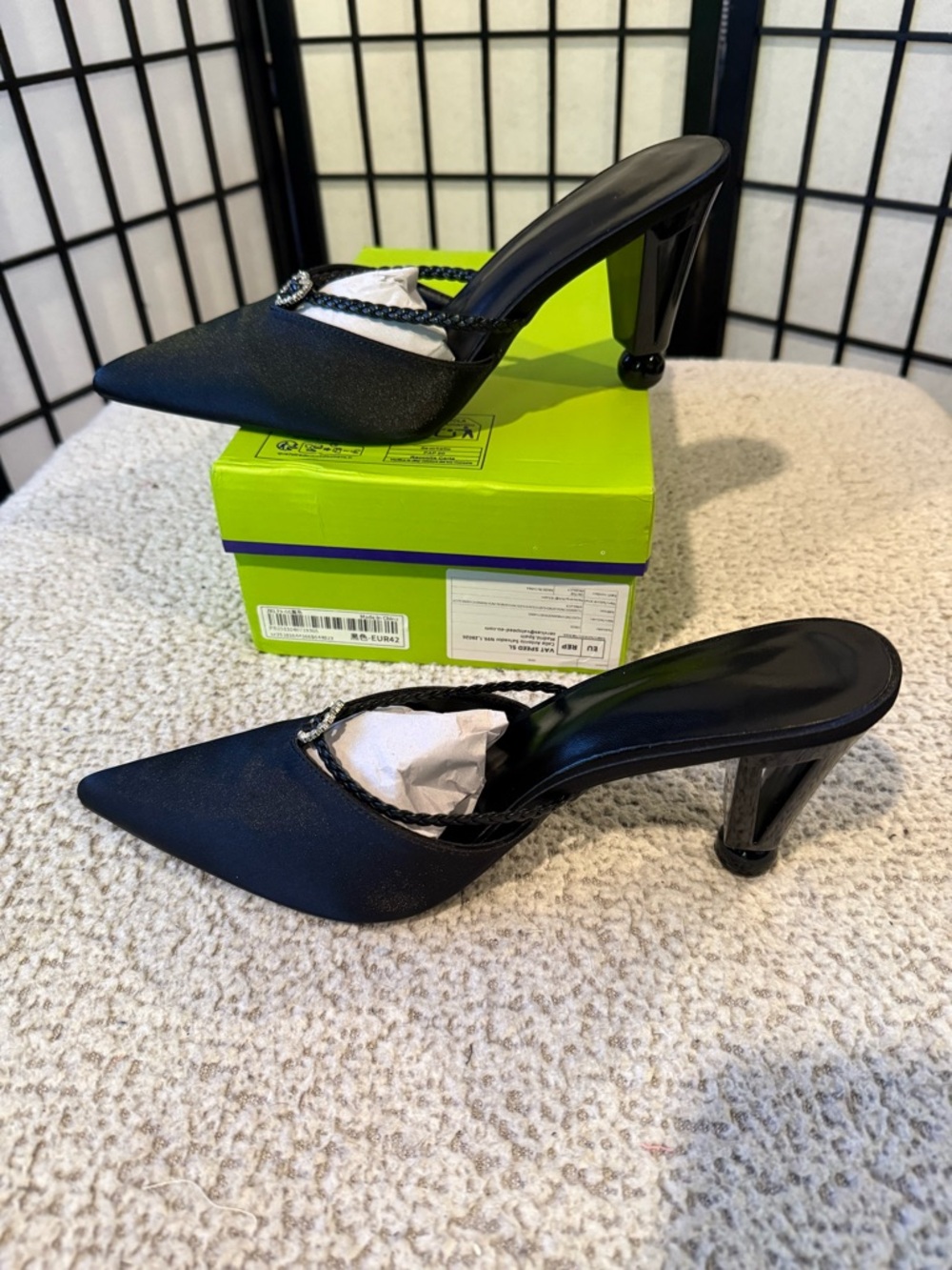 Pointed Toe Black Beaded Mule Heels